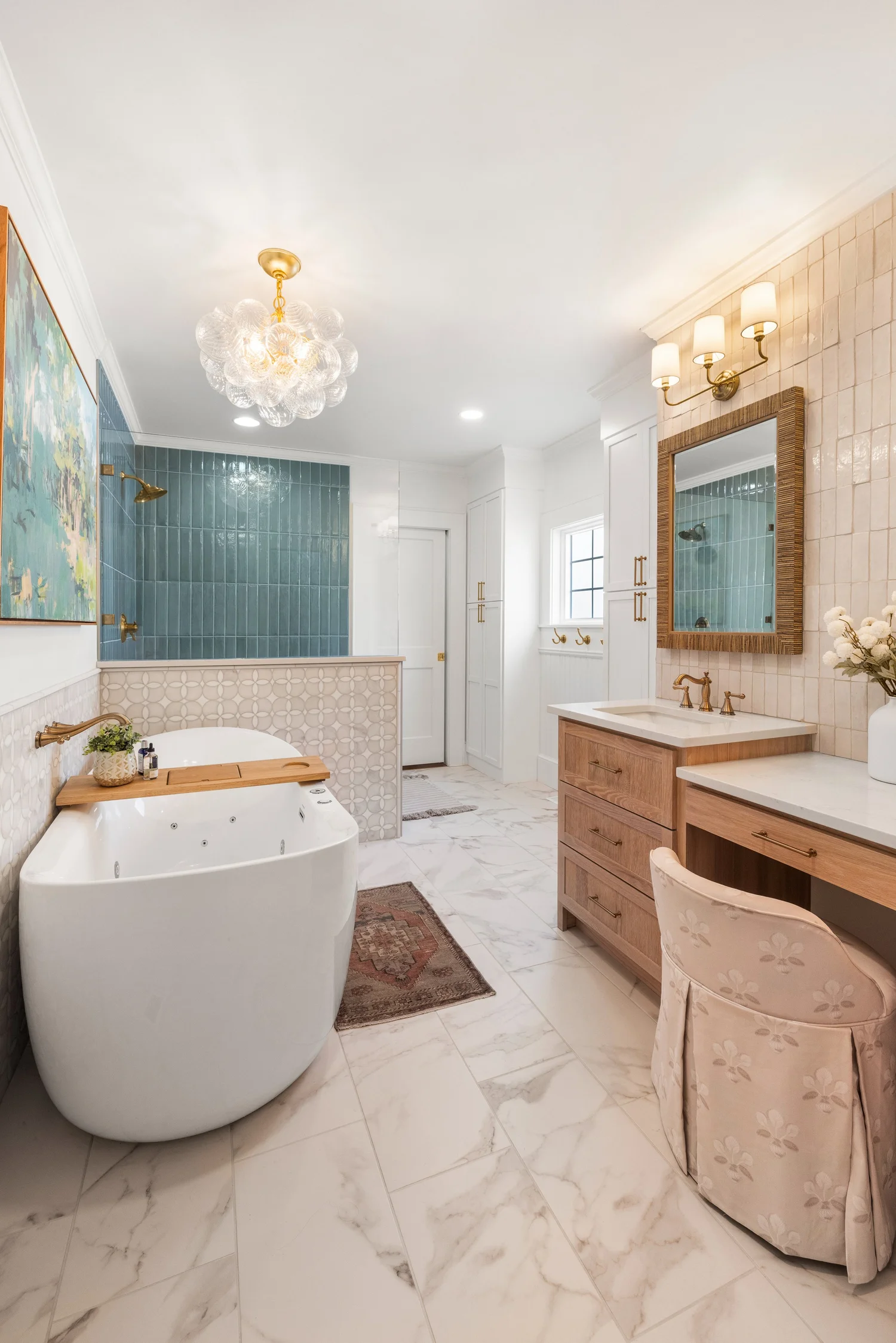 Renovated bathroom with soaking tub and tile